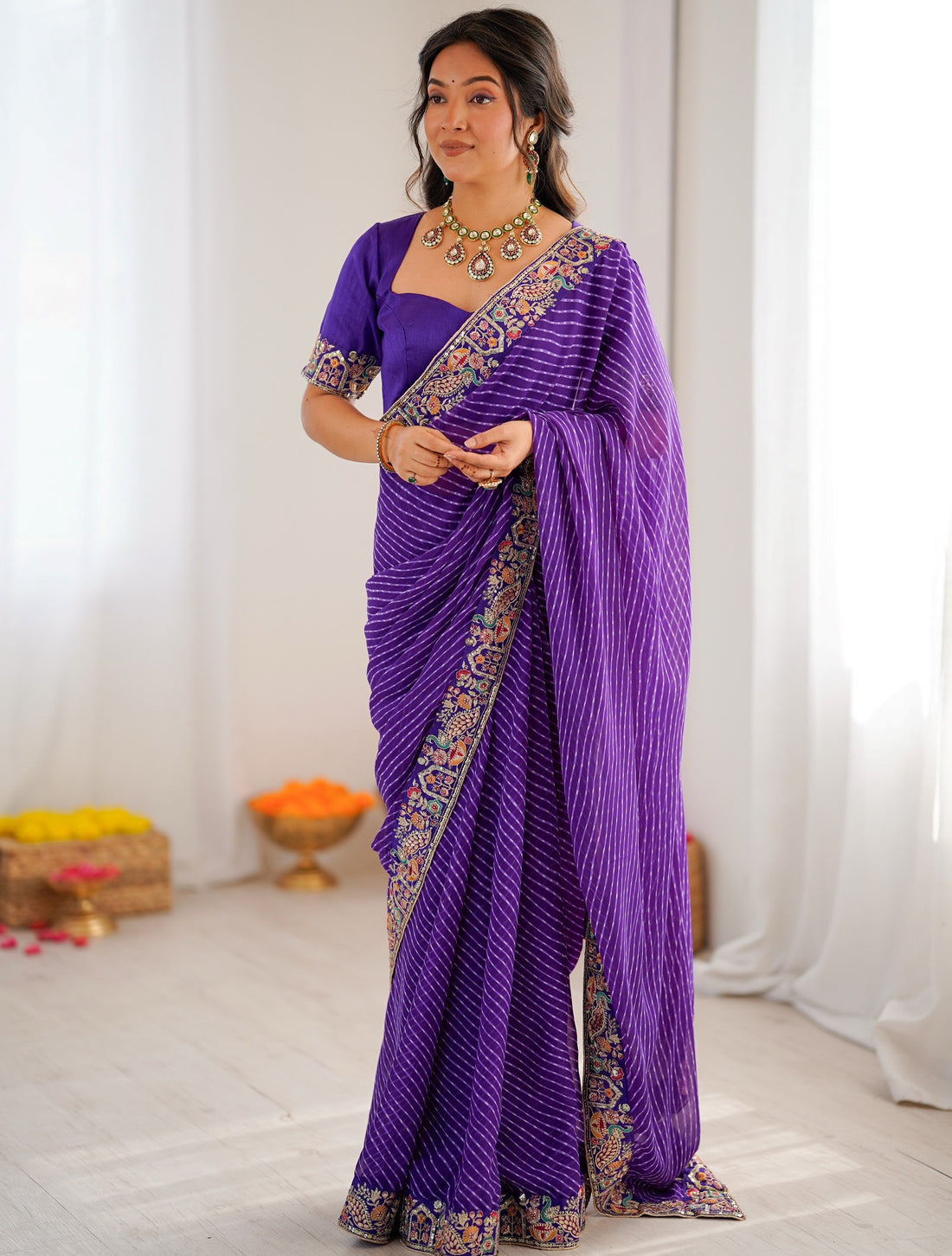 Attractive Purple Bandhani Printed Georgette Festival Wear Saree With Blouse