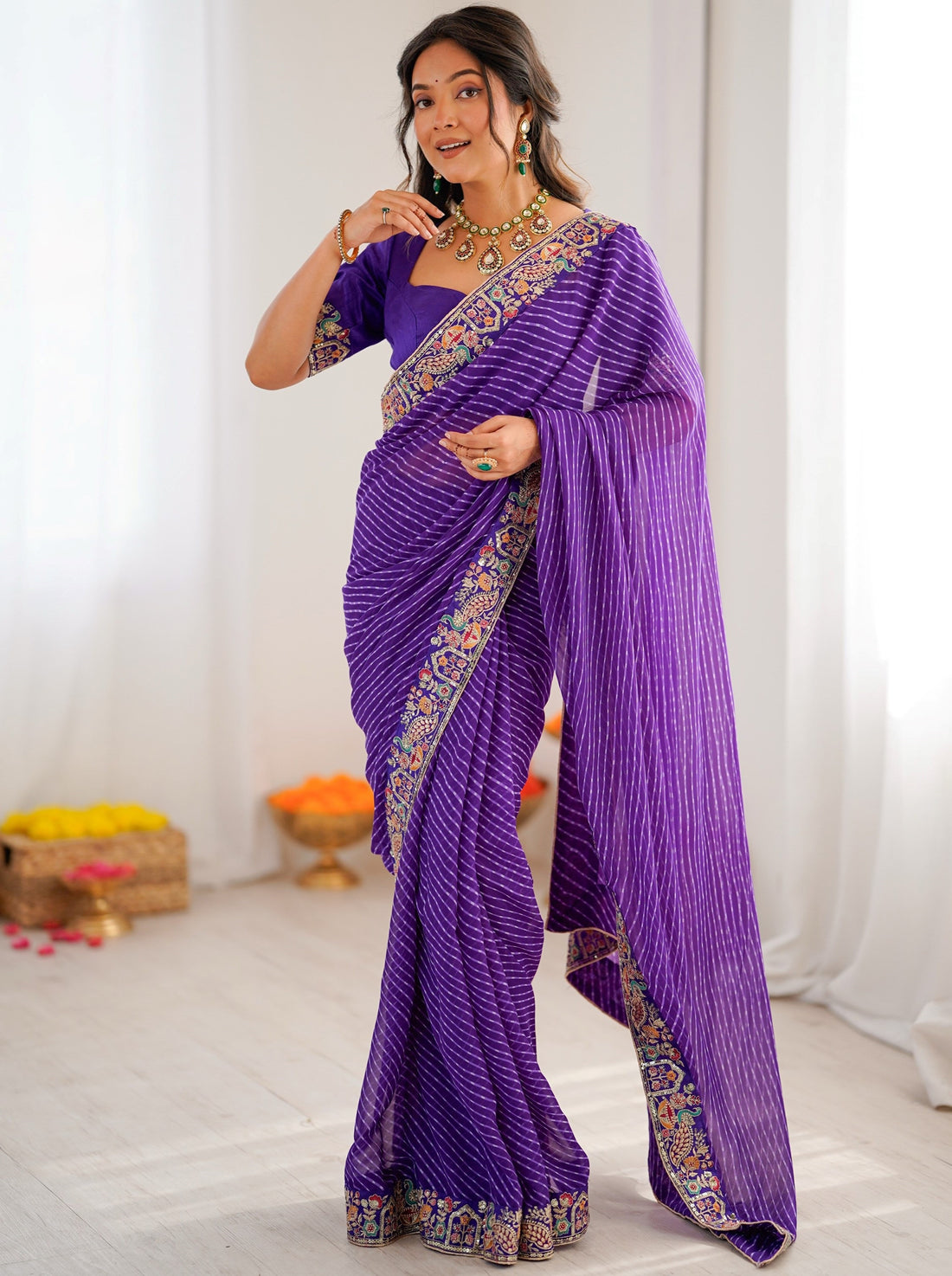 Attractive Purple Bandhani Printed Georgette Festival Wear Saree With Blouse