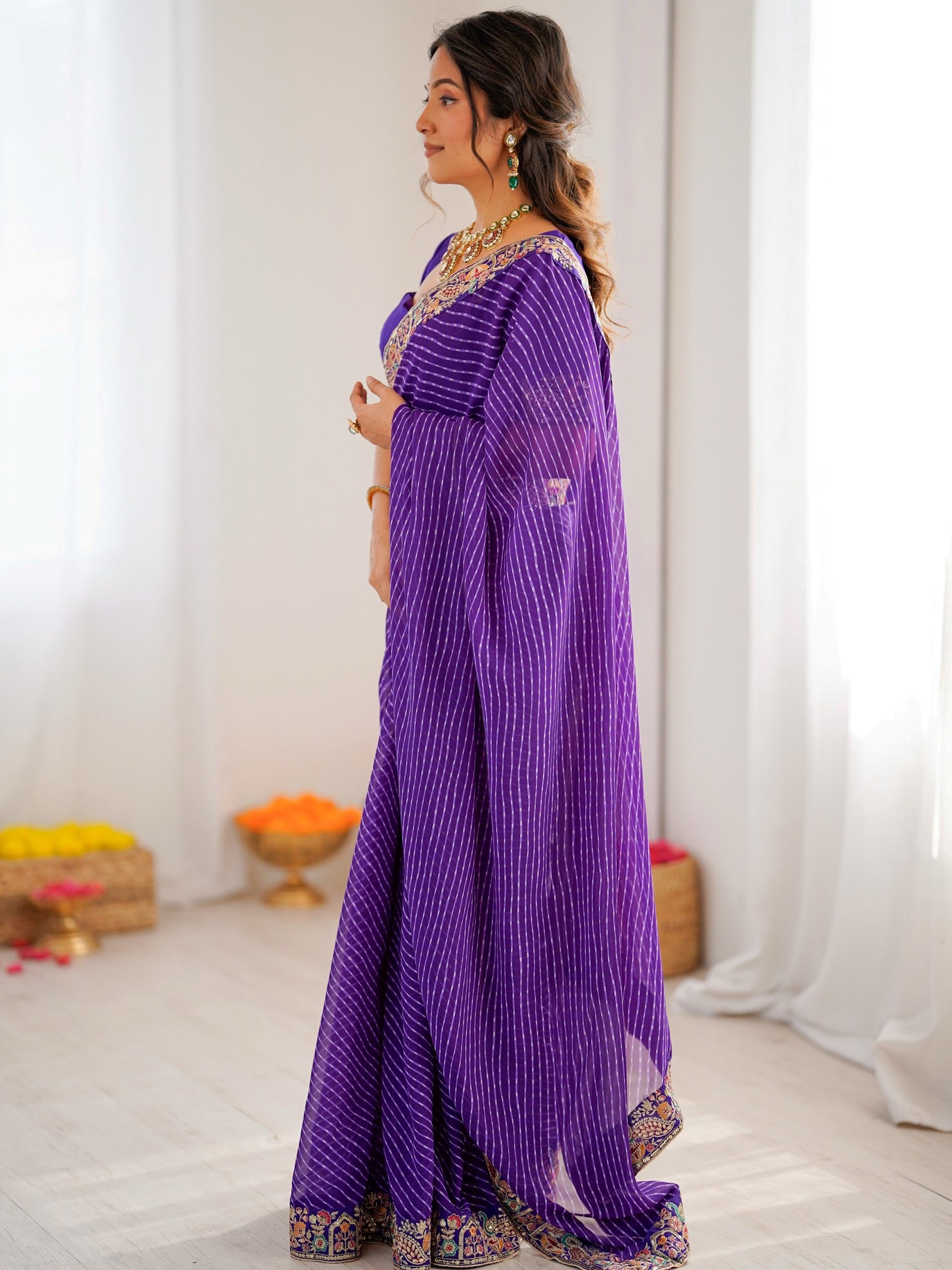 Pretty Purple Bandhani Printed Georgette Festival Wear Saree With Blouse