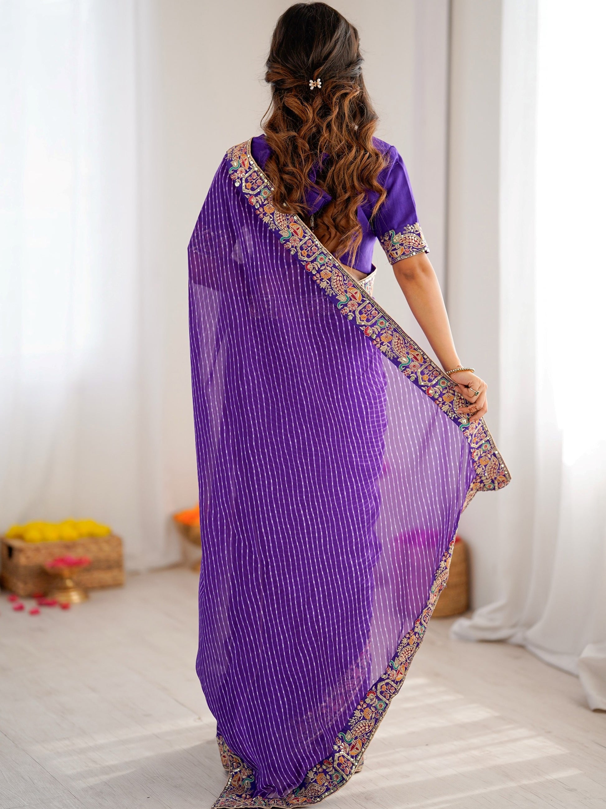 Pretty Purple Bandhani Printed Georgette Festival Wear Saree With Blouse