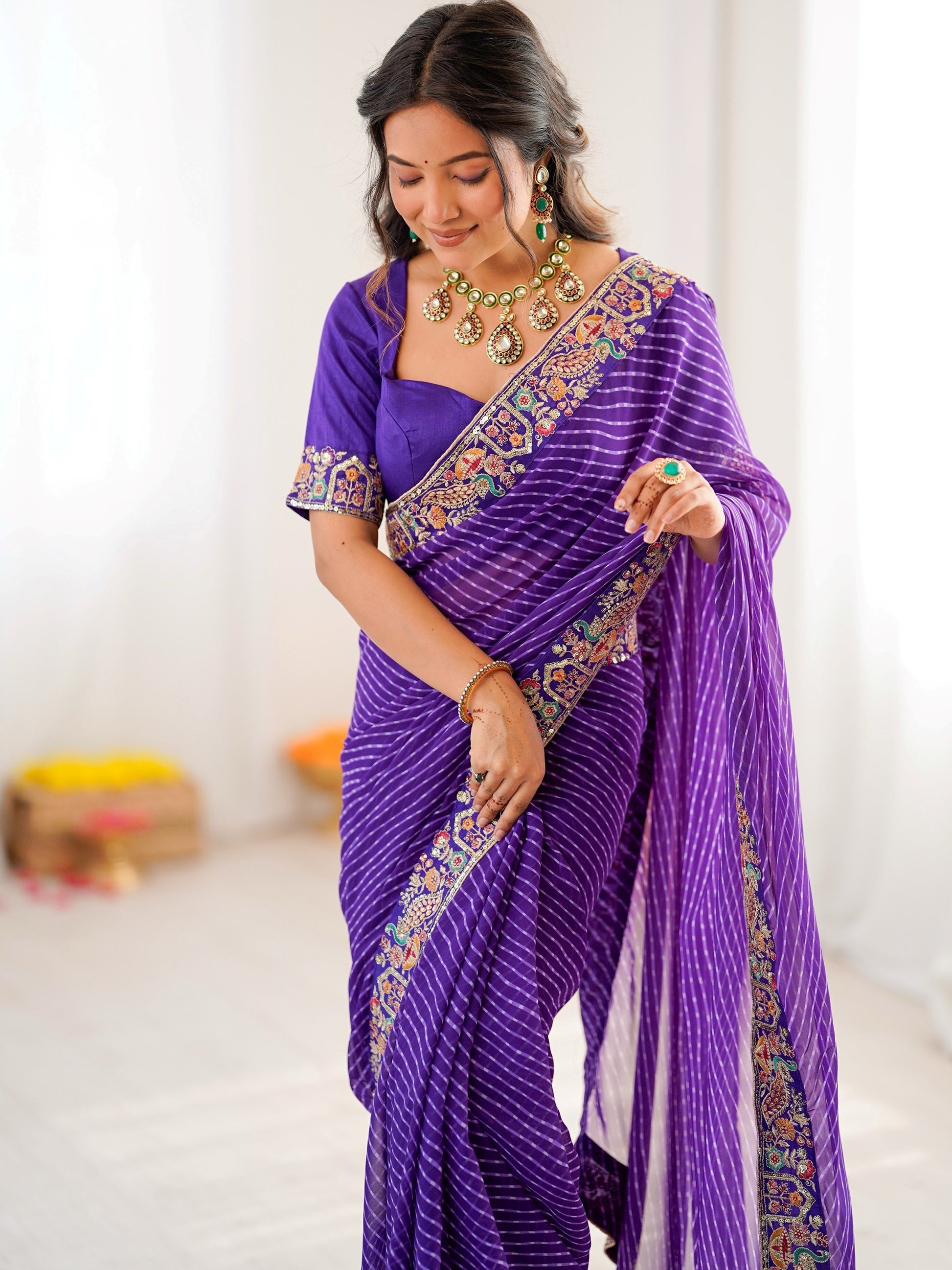 Pretty Purple Bandhani Printed Georgette Festival Wear Saree With Blouse