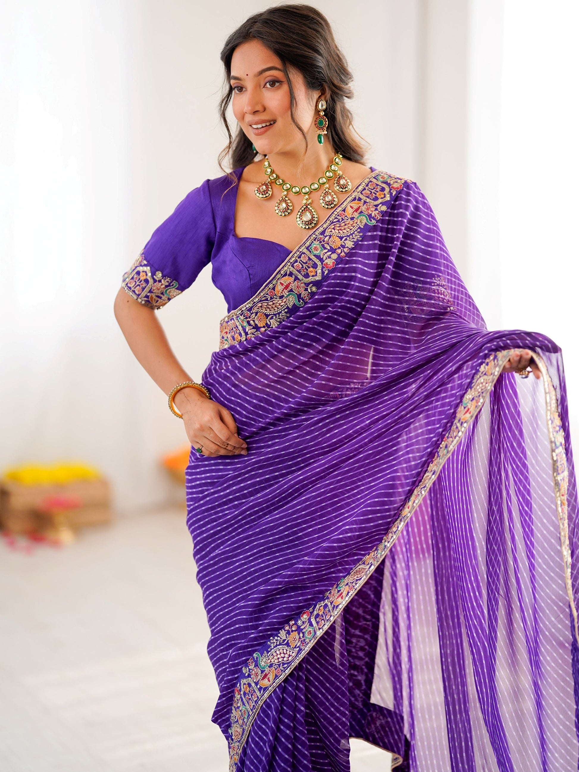 Pretty Purple Bandhani Printed Georgette Festival Wear Saree With Blouse