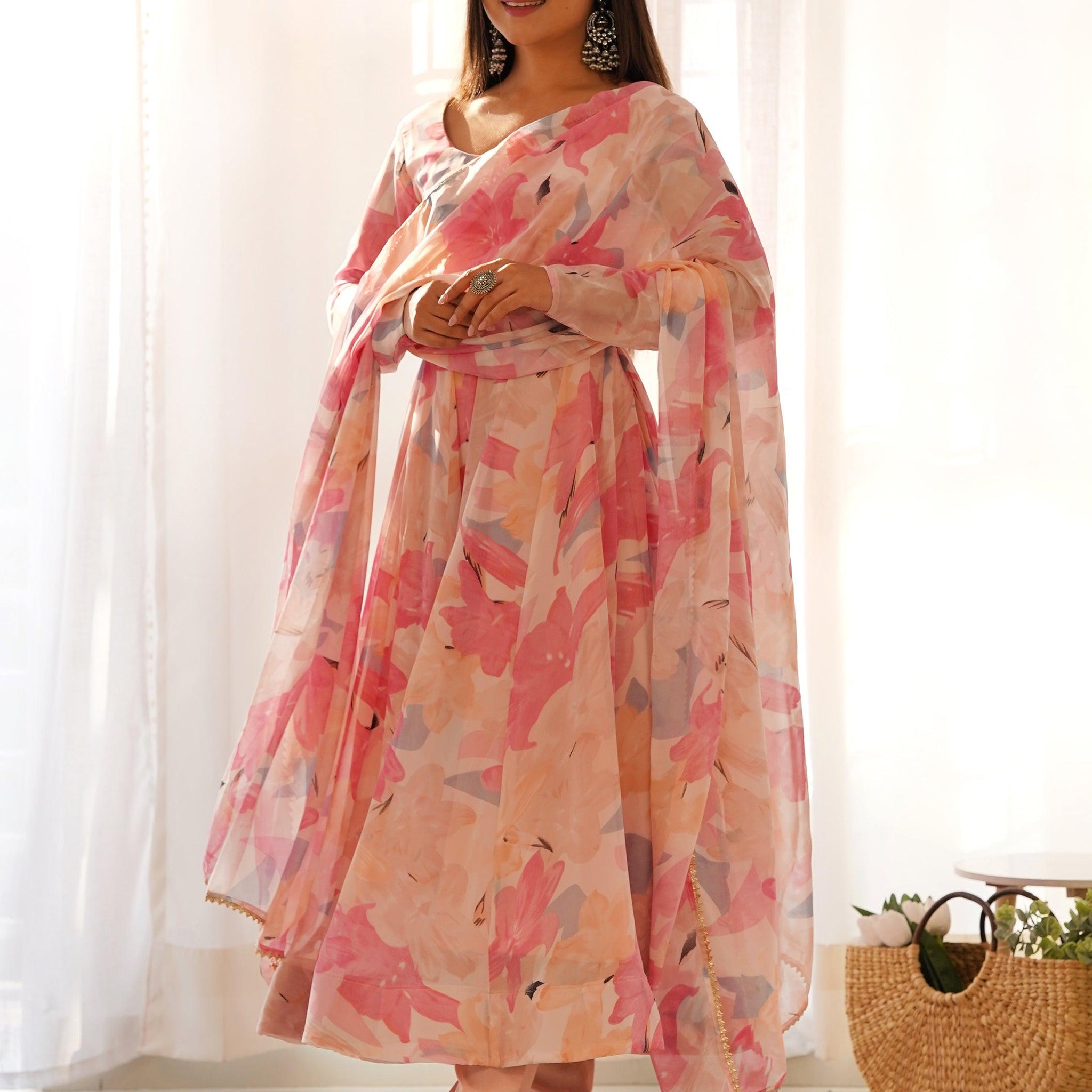 Dazzling Peach Floral Printed Georgette Traditional Anarkali Suit