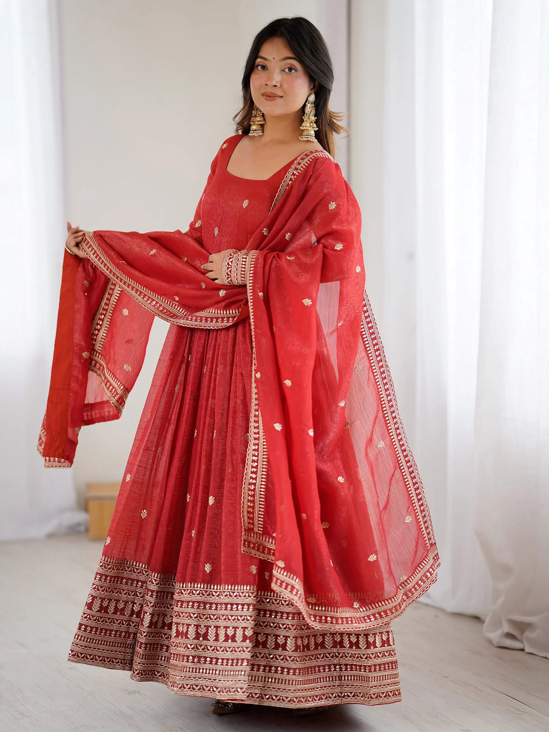 Beautiful Red Embroidered Silk Wedding Wear Anarkali Gown With Dupatta