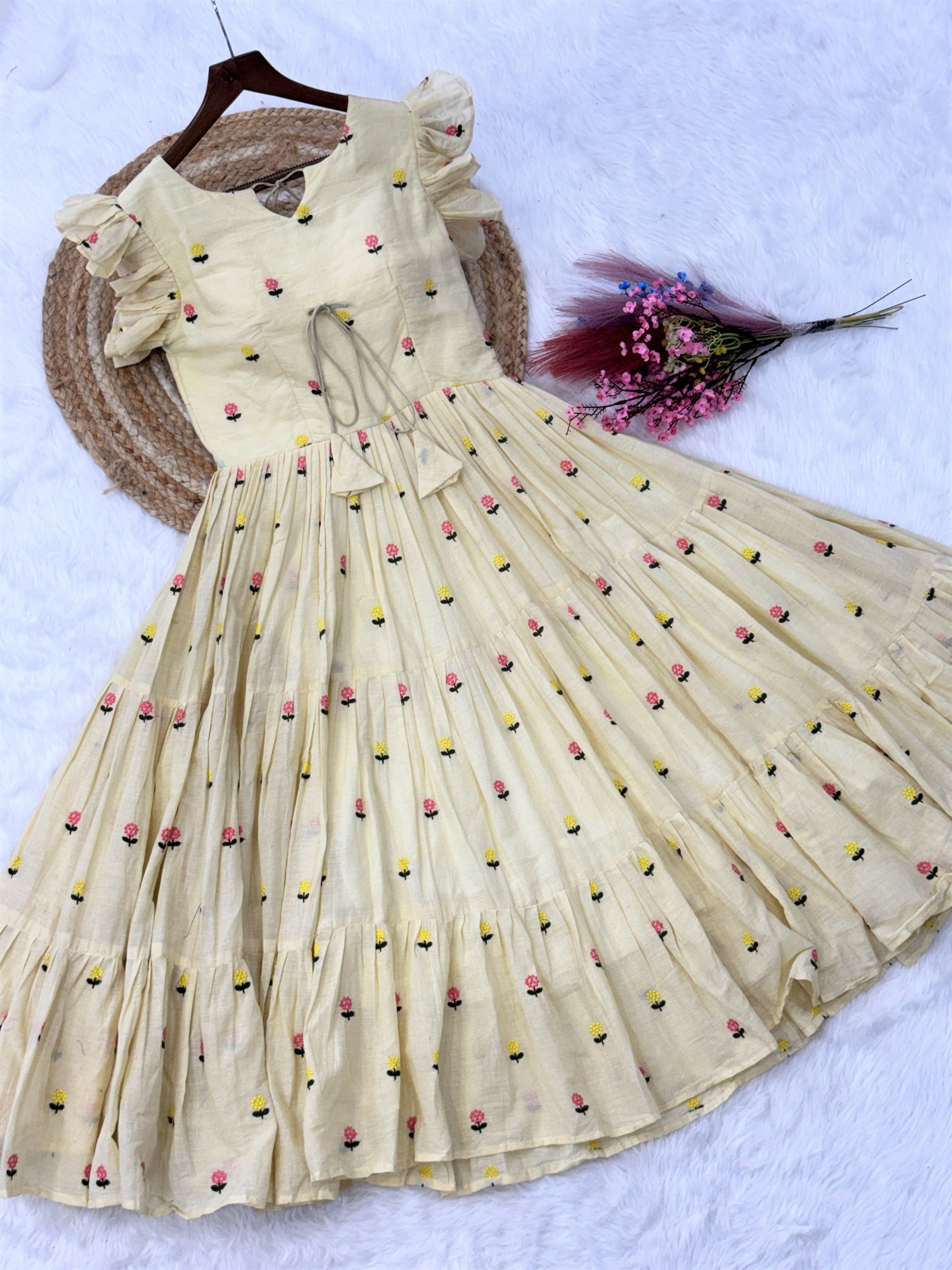 Precious Cream Embroidered Cotton Casual Wear Dress