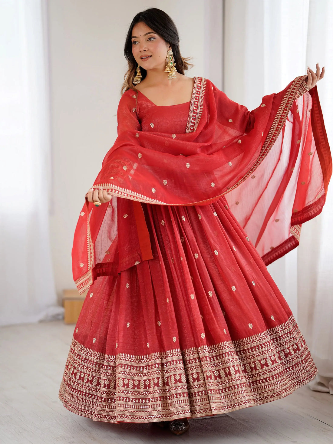 Beautiful Red Embroidered Silk Wedding Wear Anarkali Gown With Dupatta