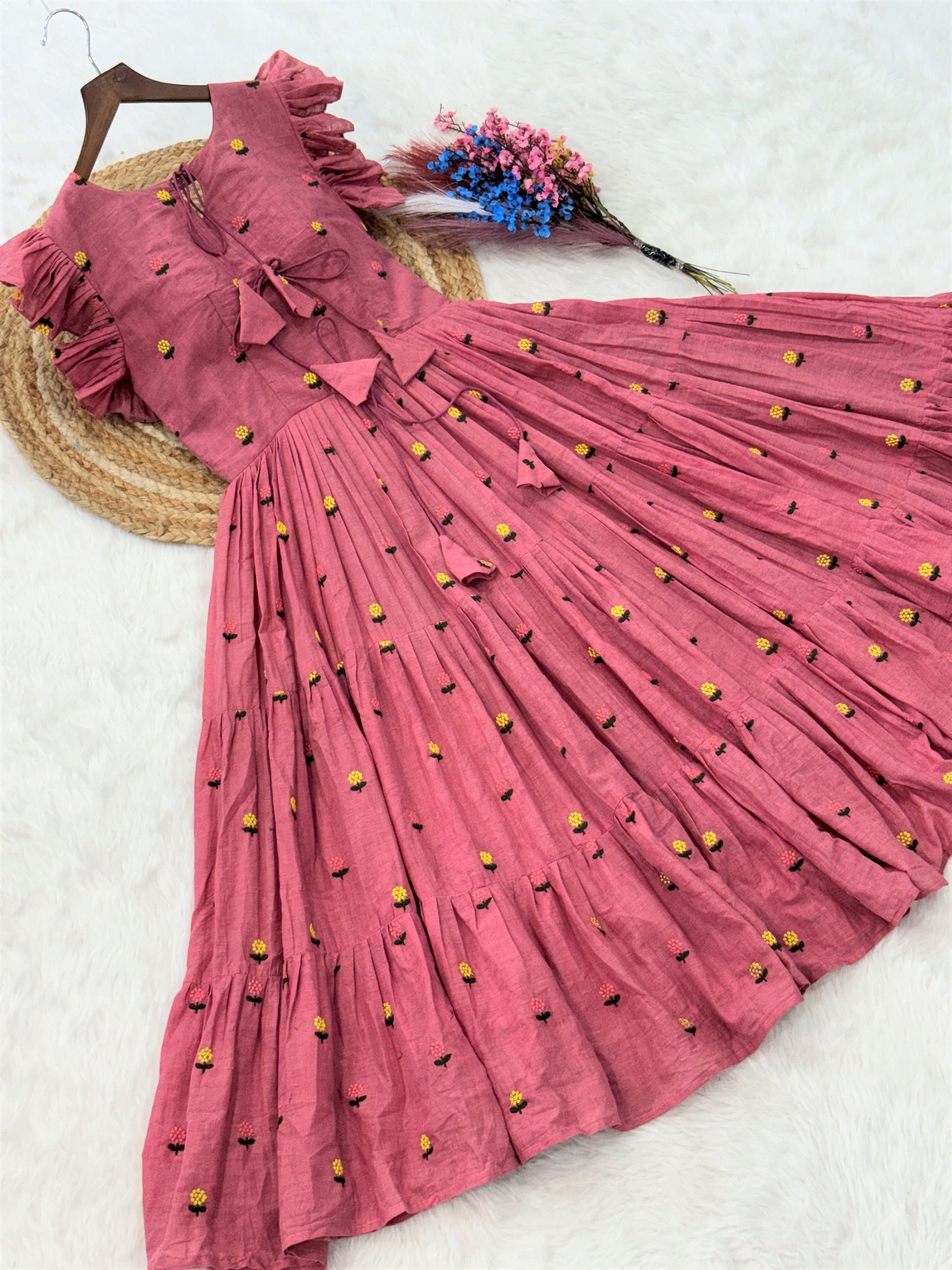 Incredible Pink Floral Embroidered Cotton Daily Wear Dress