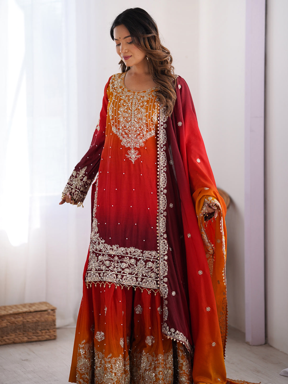 Elegant Orange Chinnon Thread Sequins Eid Wear Sharara Suit