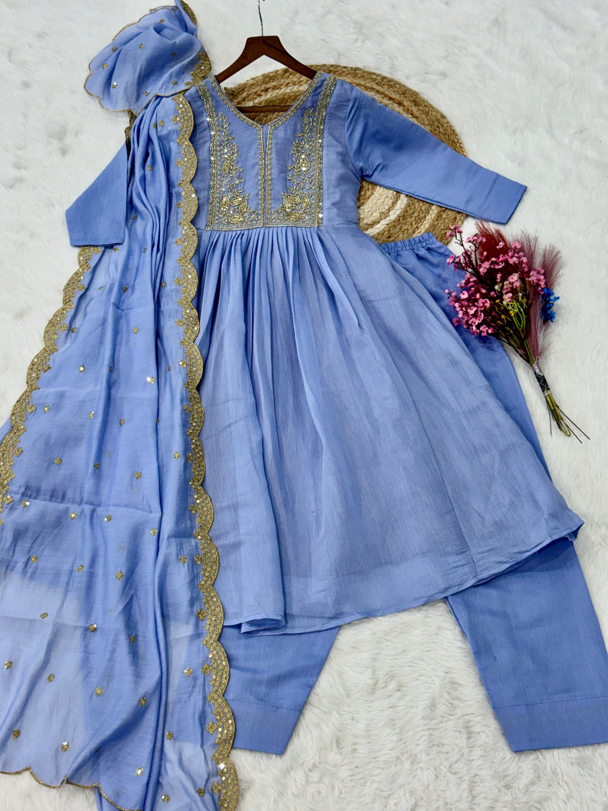Gorgeous Sky-Blue Beads Chanderi   Festival Anarkali Suite with Dupatta