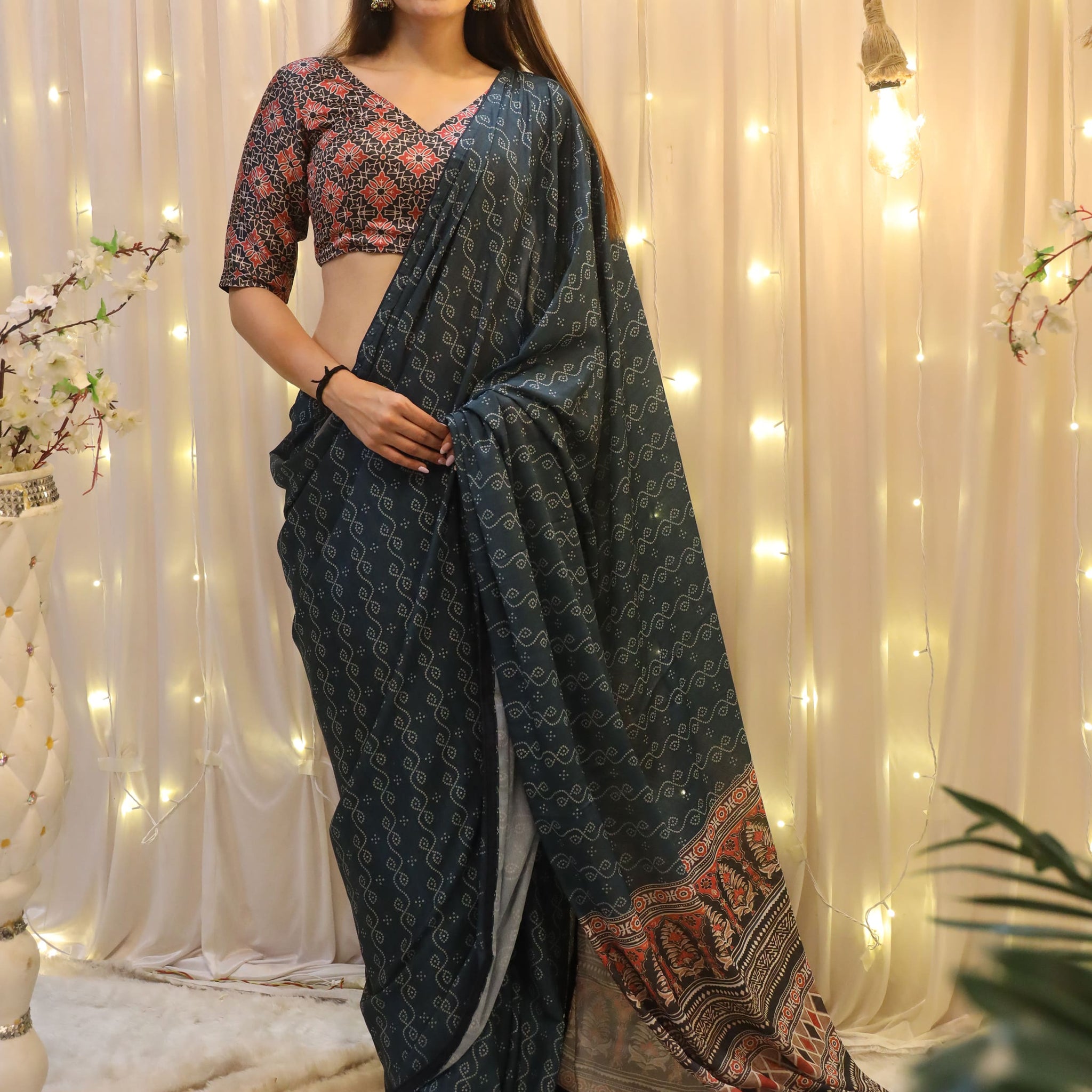 Beautiful Teal Blue Digital Printed Crepe Saree With Blouse