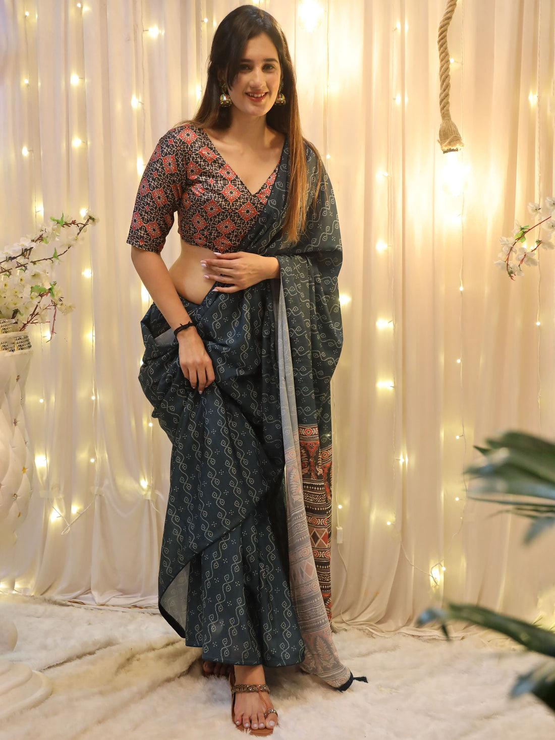 Beautiful Teal Blue Digital Printed Crepe Saree With Blouse