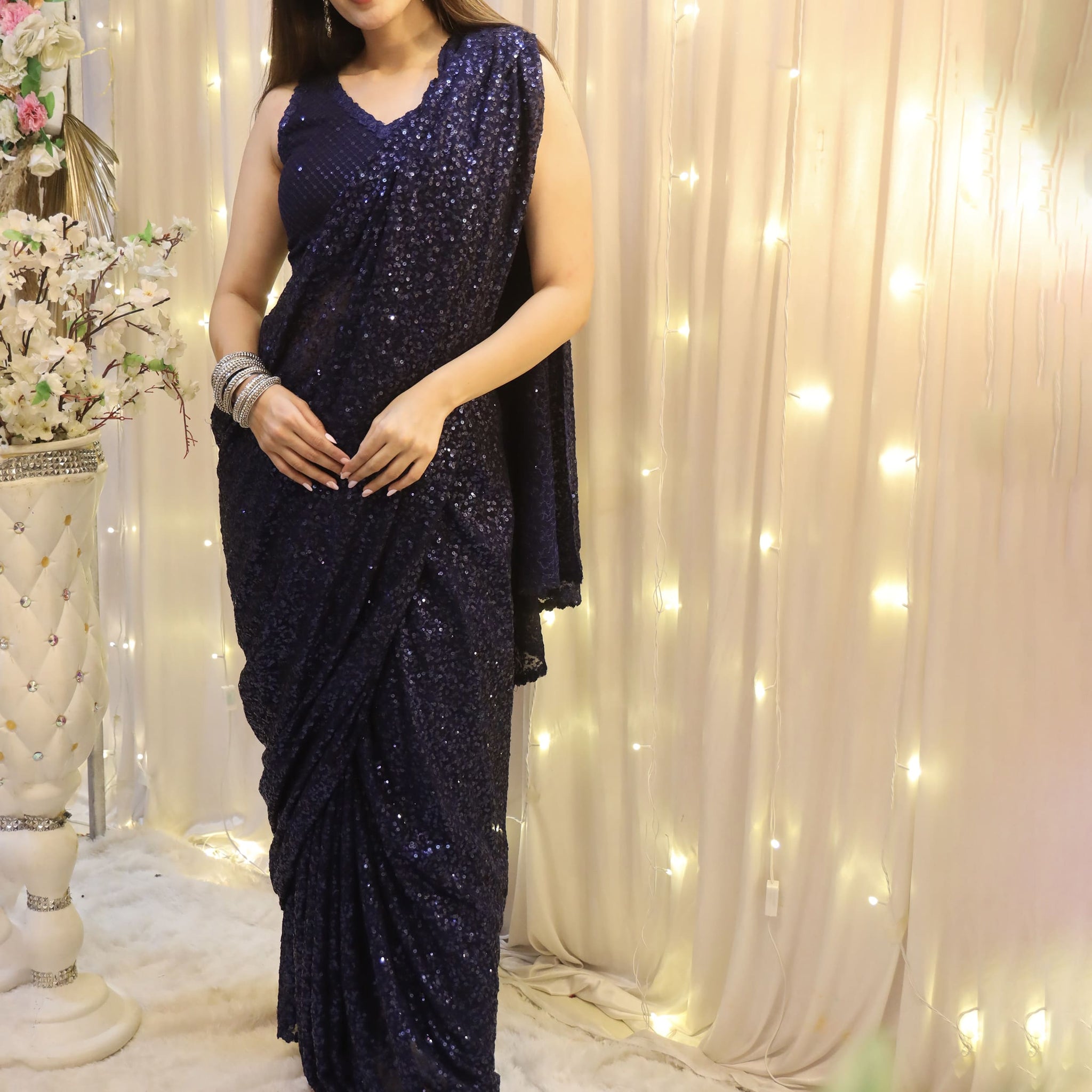 Enticing Blush Blue Sequins Georgette Designer Saree With Blouse