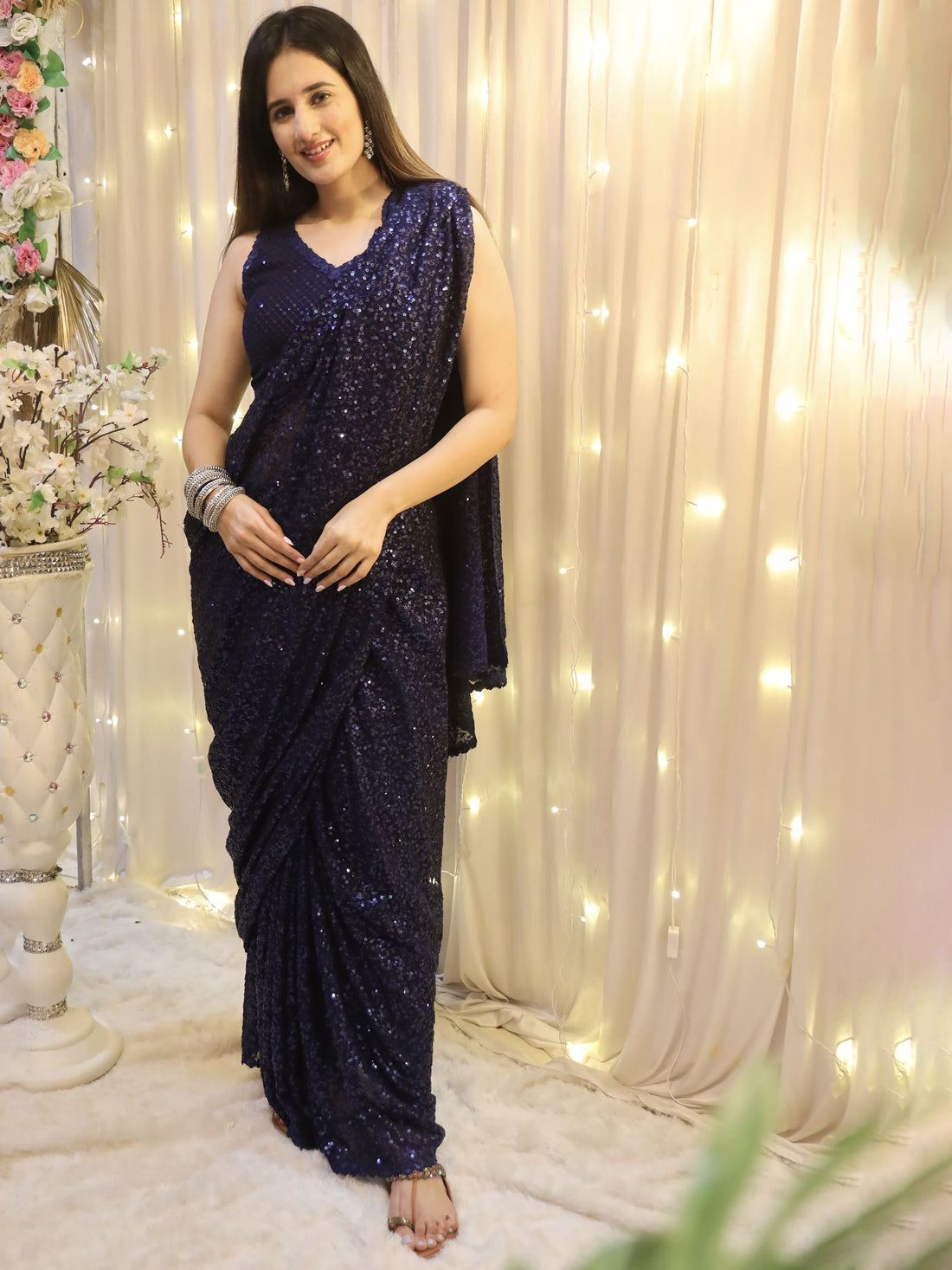 Enticing Blush Blue Sequins Georgette Designer Saree With Blouse