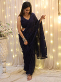Enticing Blush Blue Sequins Georgette Designer Saree With Blouse