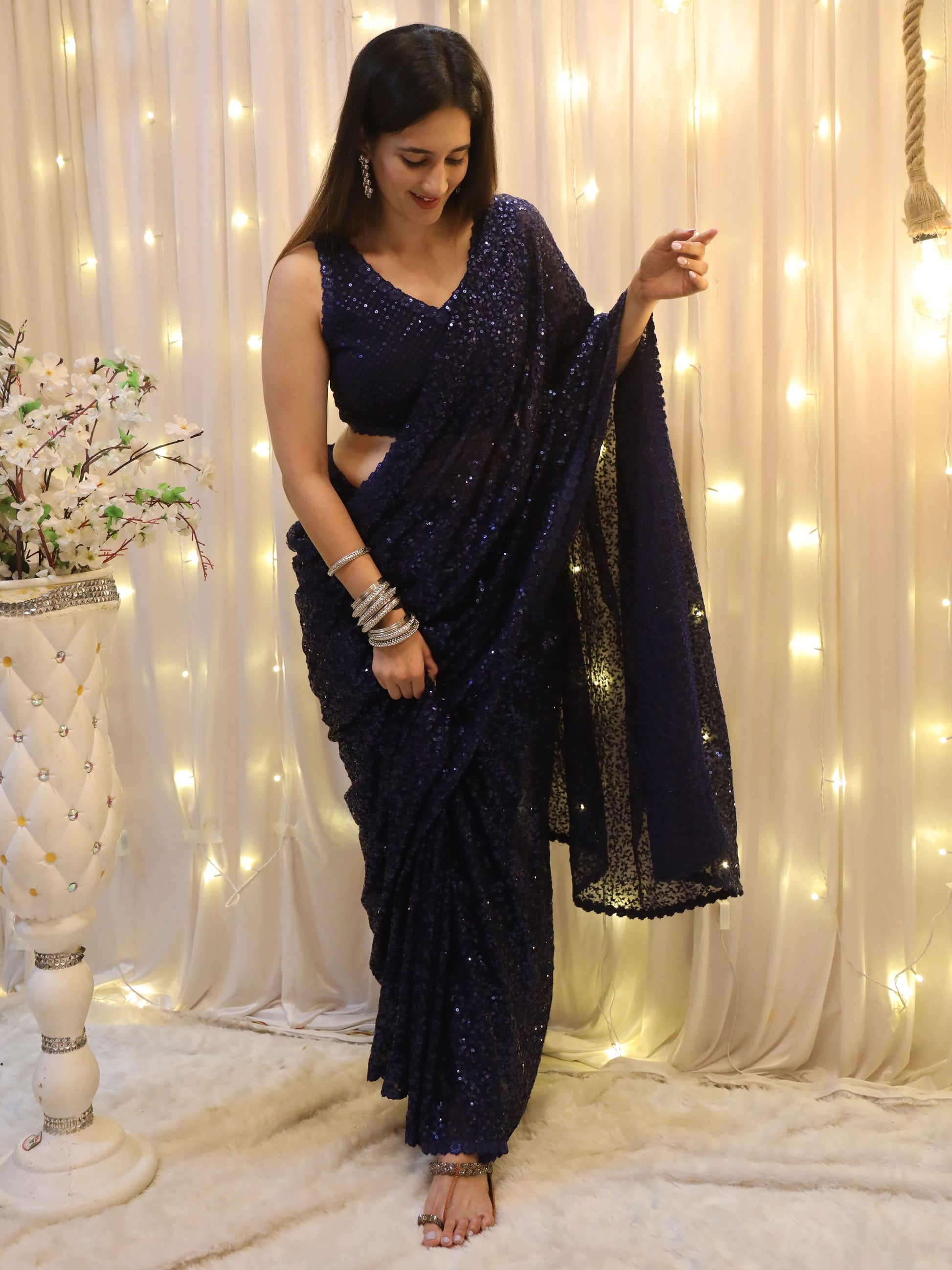Enticing Blush Blue Sequins Georgette Designer Saree With Blouse