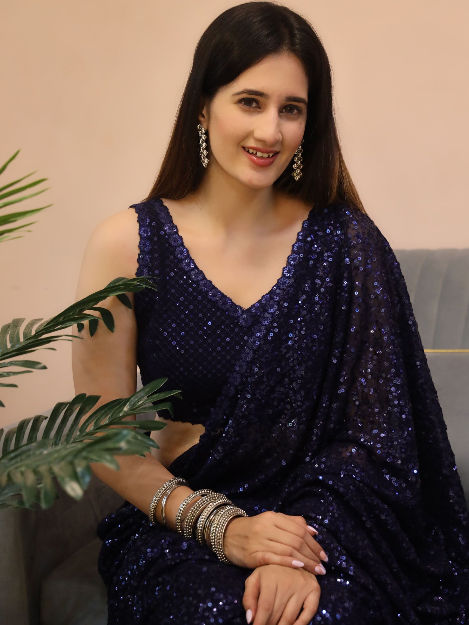 Enticing Blush Blue Sequins Georgette Designer Saree With Blouse