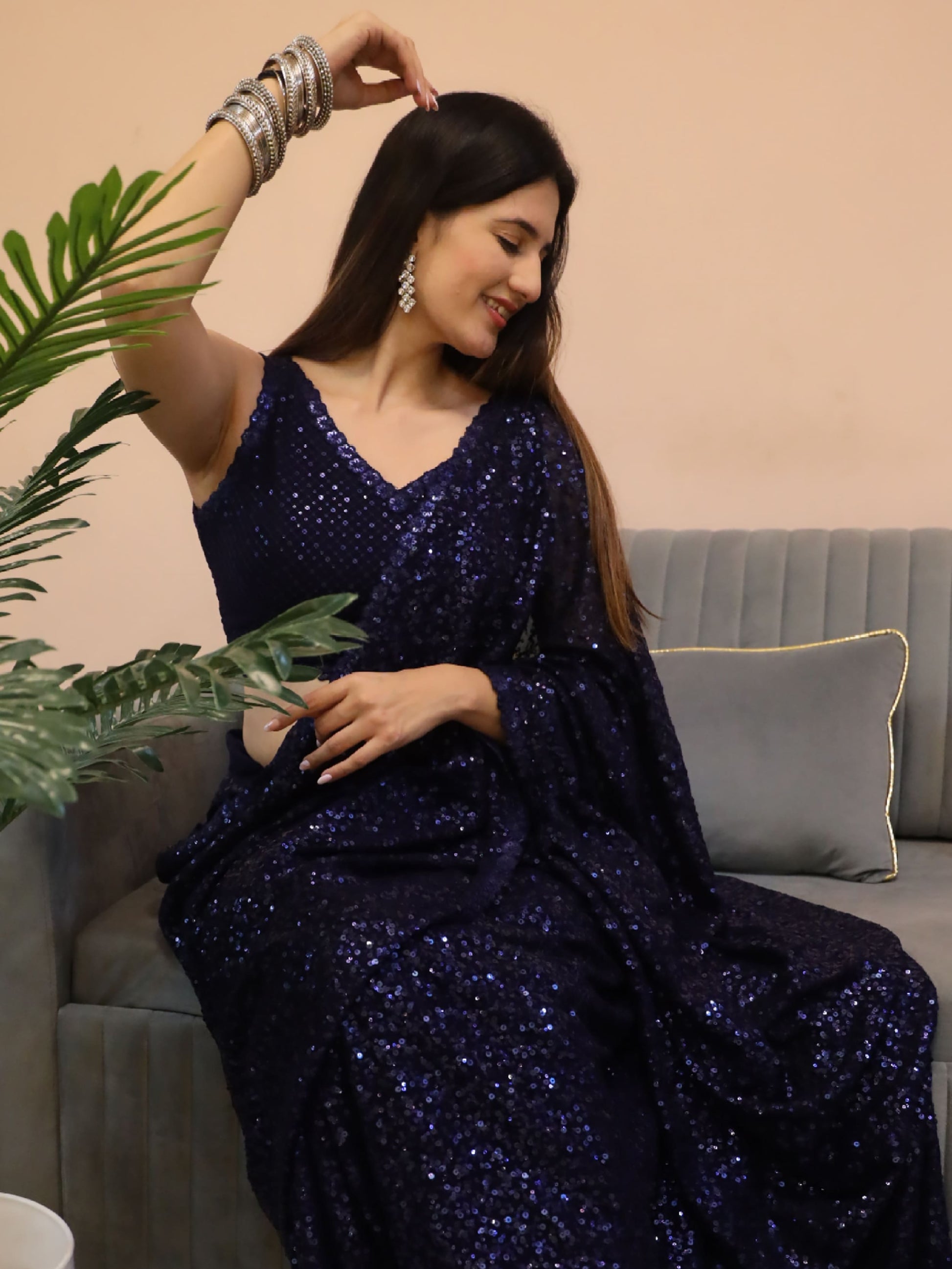 Enticing Blush Blue Sequins Georgette Designer Saree With Blouse