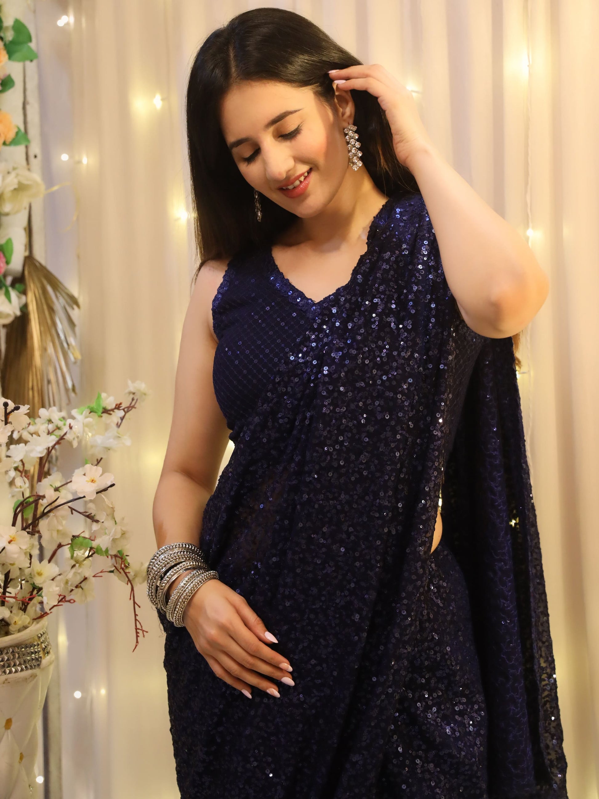 Enticing Blush Blue Sequins Georgette Designer Saree With Blouse