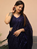 Enticing Blush Blue Sequins Georgette Designer Saree With Blouse