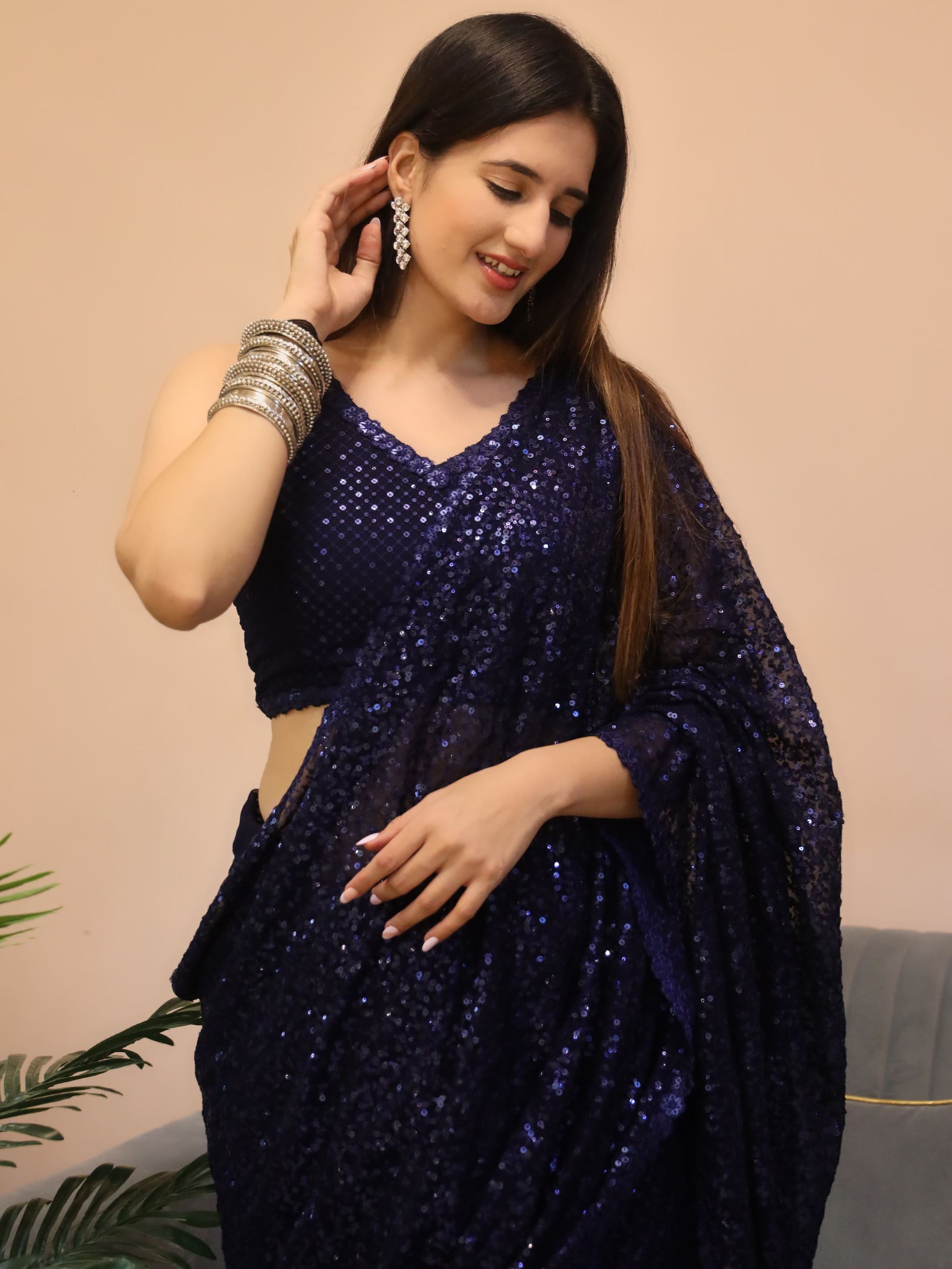 Enticing Blush Blue Sequins Georgette Designer Saree With Blouse