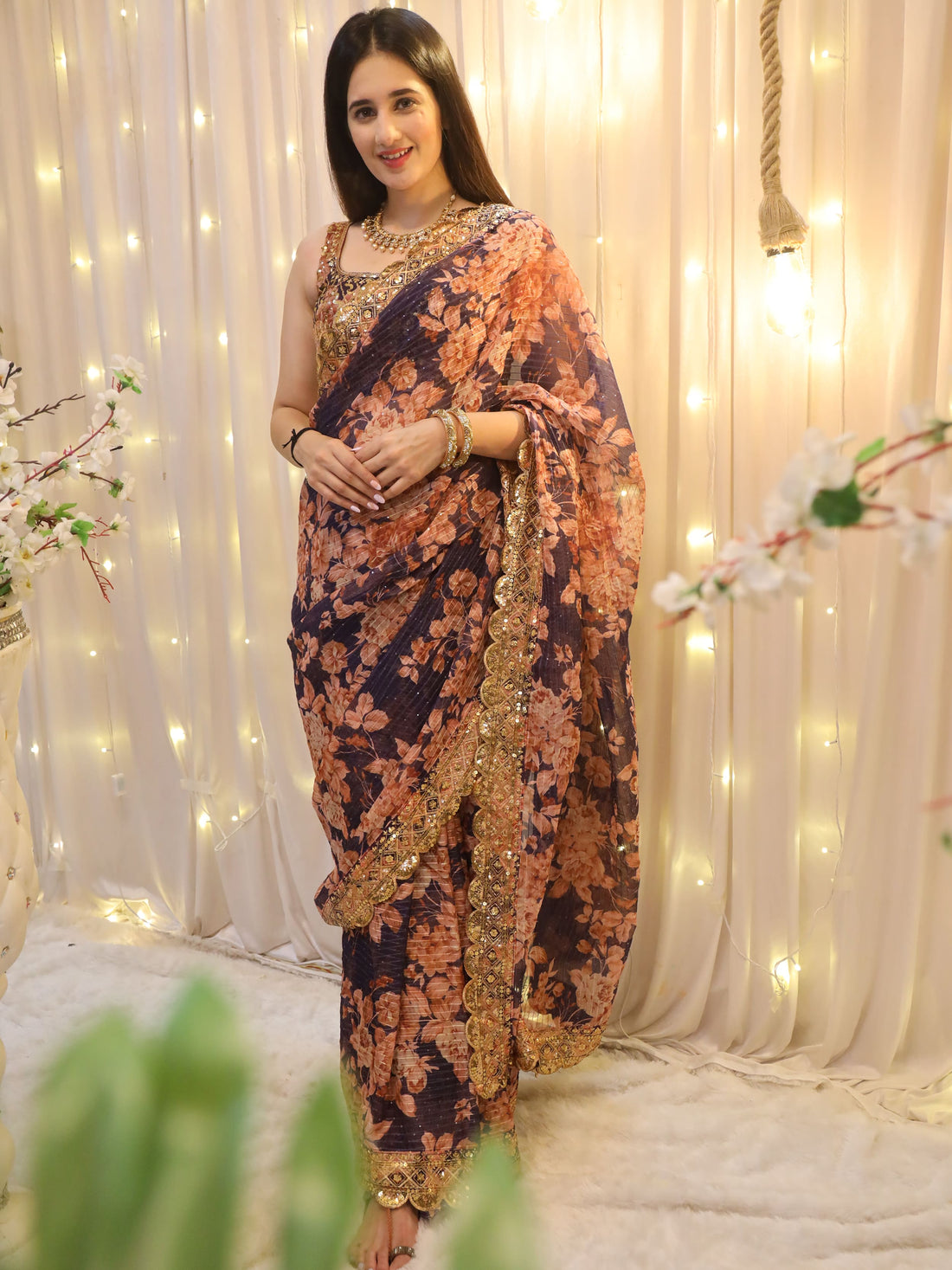 Enchanting Purple Floral Print Organza Festive Wear Saree With Blouse