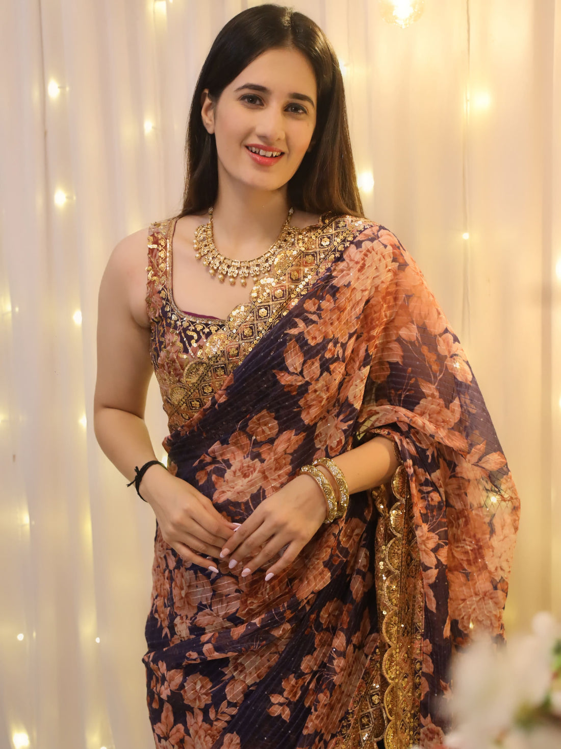 Enchanting Purple Floral Print Organza Festive Wear Saree With Blouse