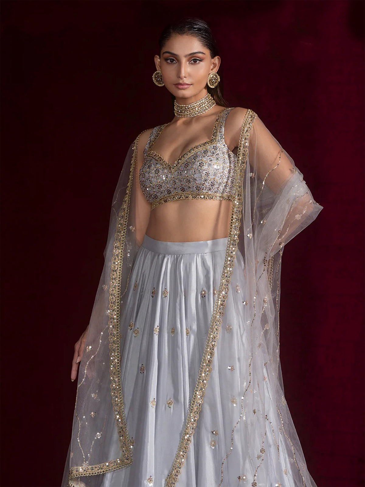 Graceful Grey Embroidered Silk Reception Wear Lehenga Choli