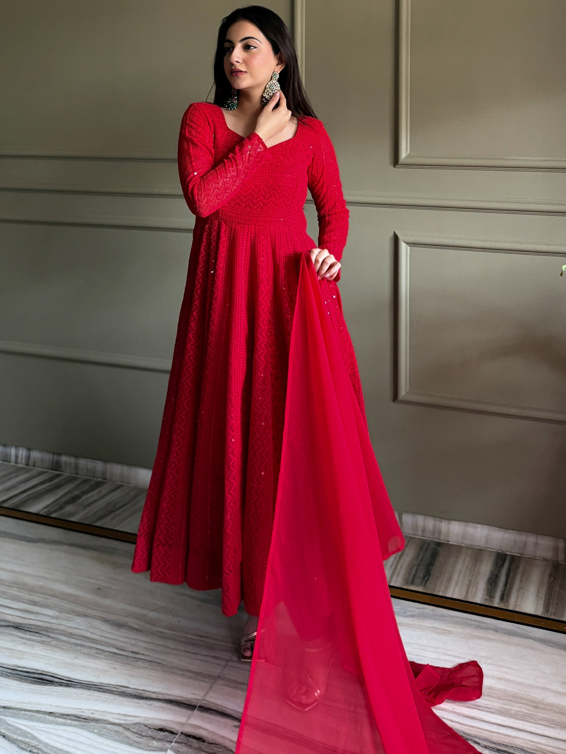 Awesome Red Thread Work Georgette Event Wear Anarkali Pant Suit