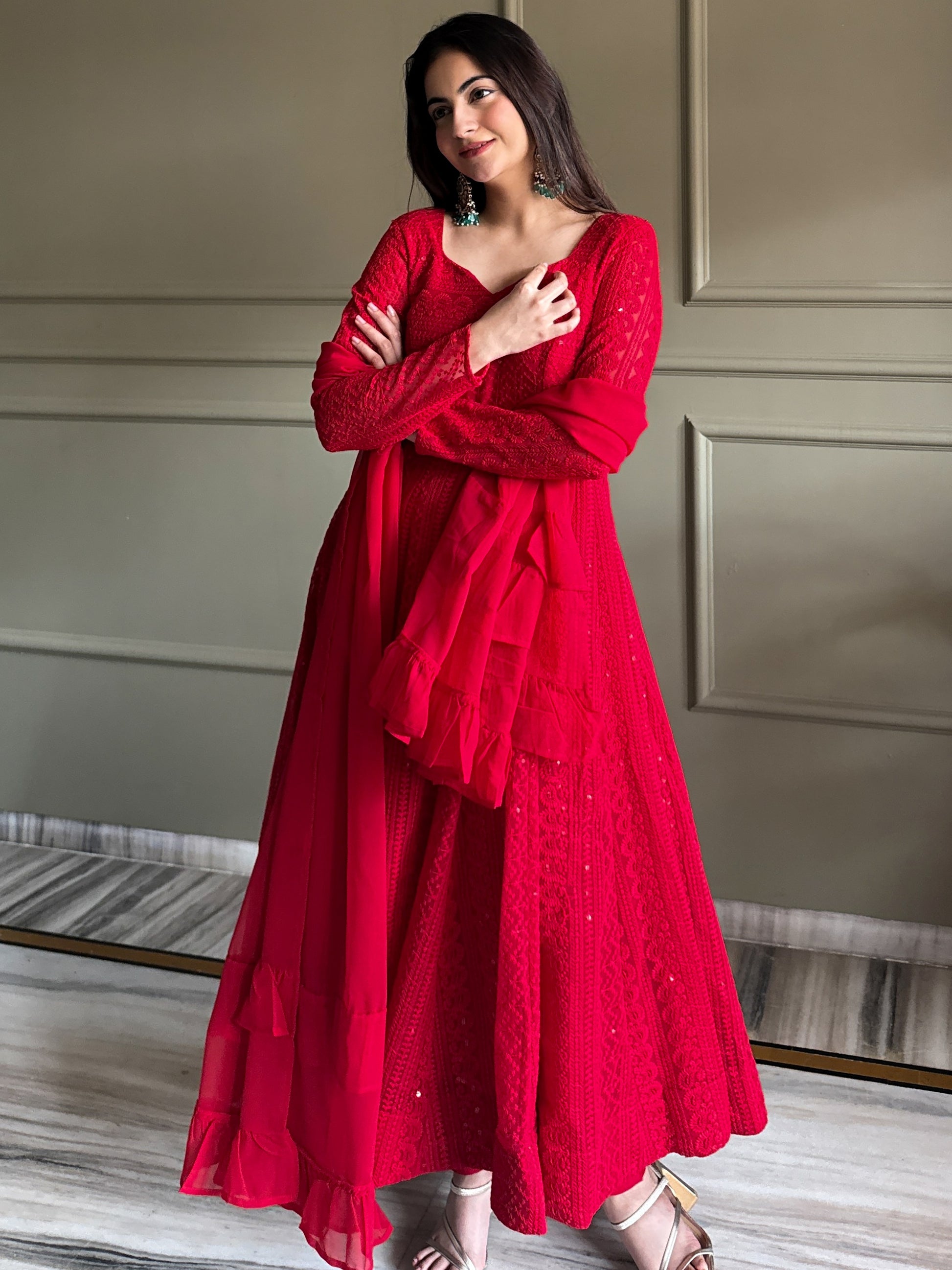 Awesome Red Thread Work Georgette Event Wear Anarkali Pant Suit