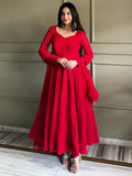 Awesome Red Thread Work Georgette Event Wear Anarkali Pant Suit