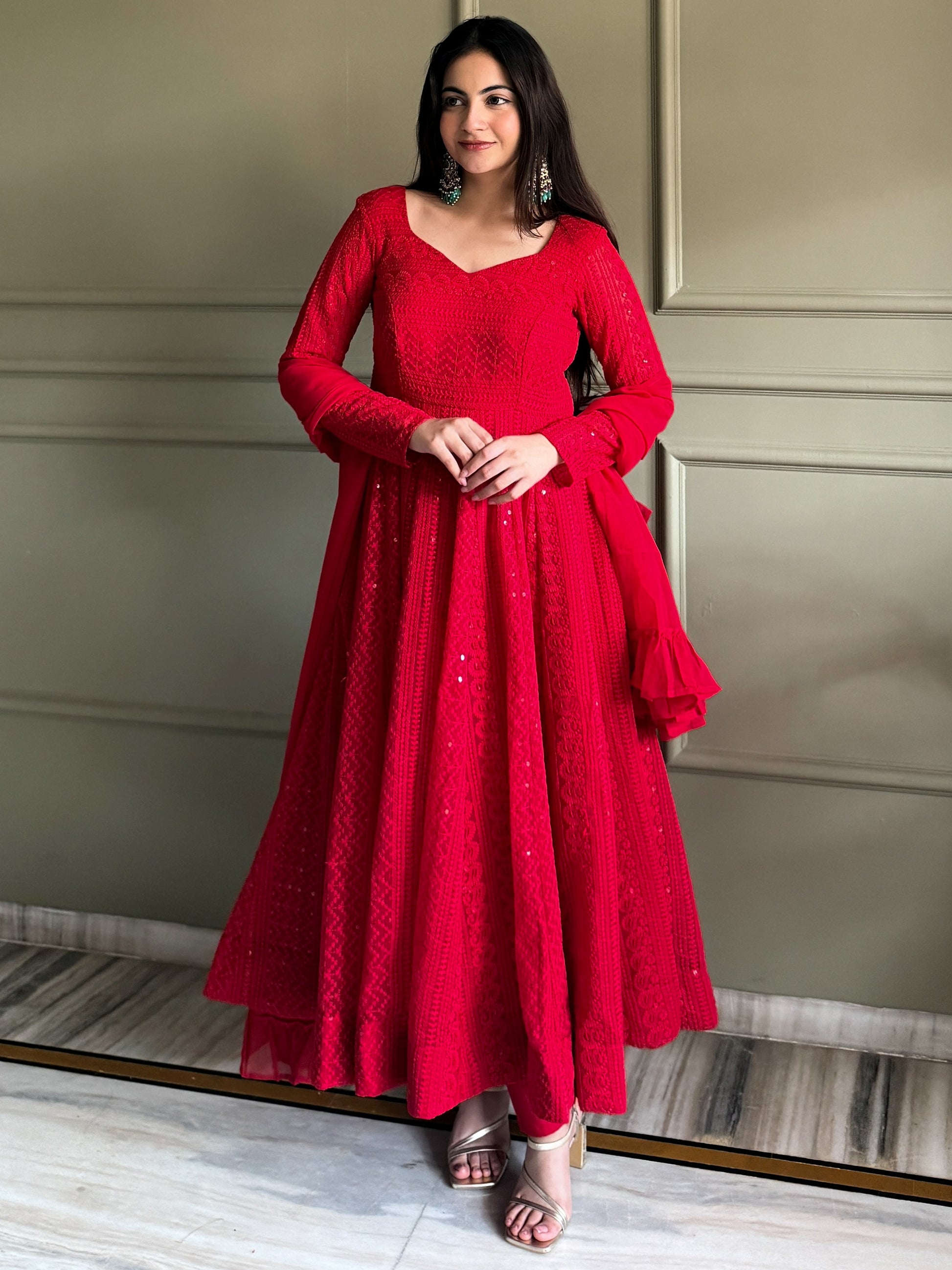 Awesome Red Thread Work Georgette Event Wear Anarkali Pant Suit
