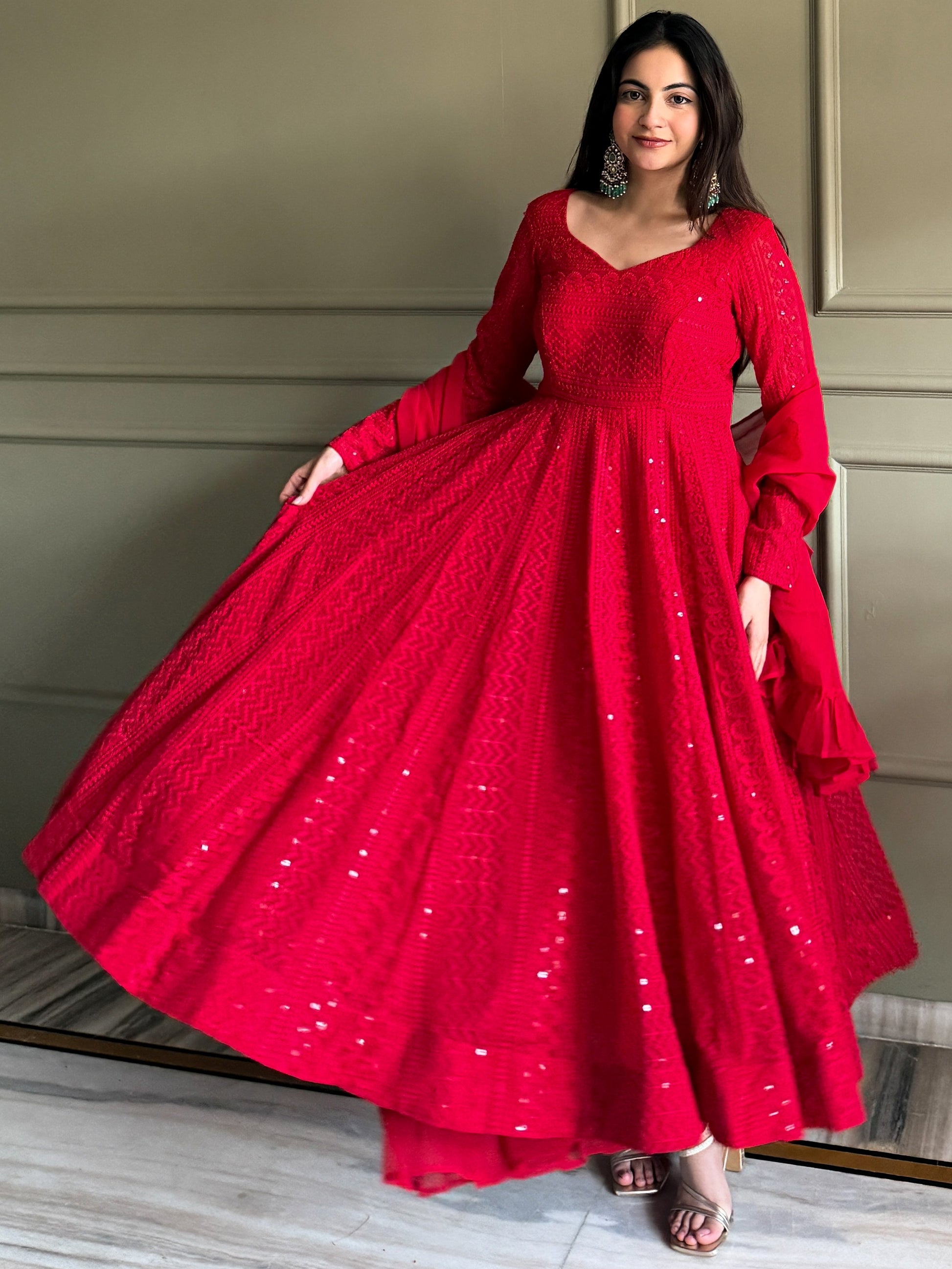 Awesome Red Thread Work Georgette Event Wear Anarkali Pant Suit