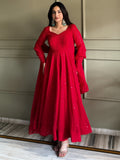 Awesome Red Thread Work Georgette Event Wear Anarkali Pant Suit
