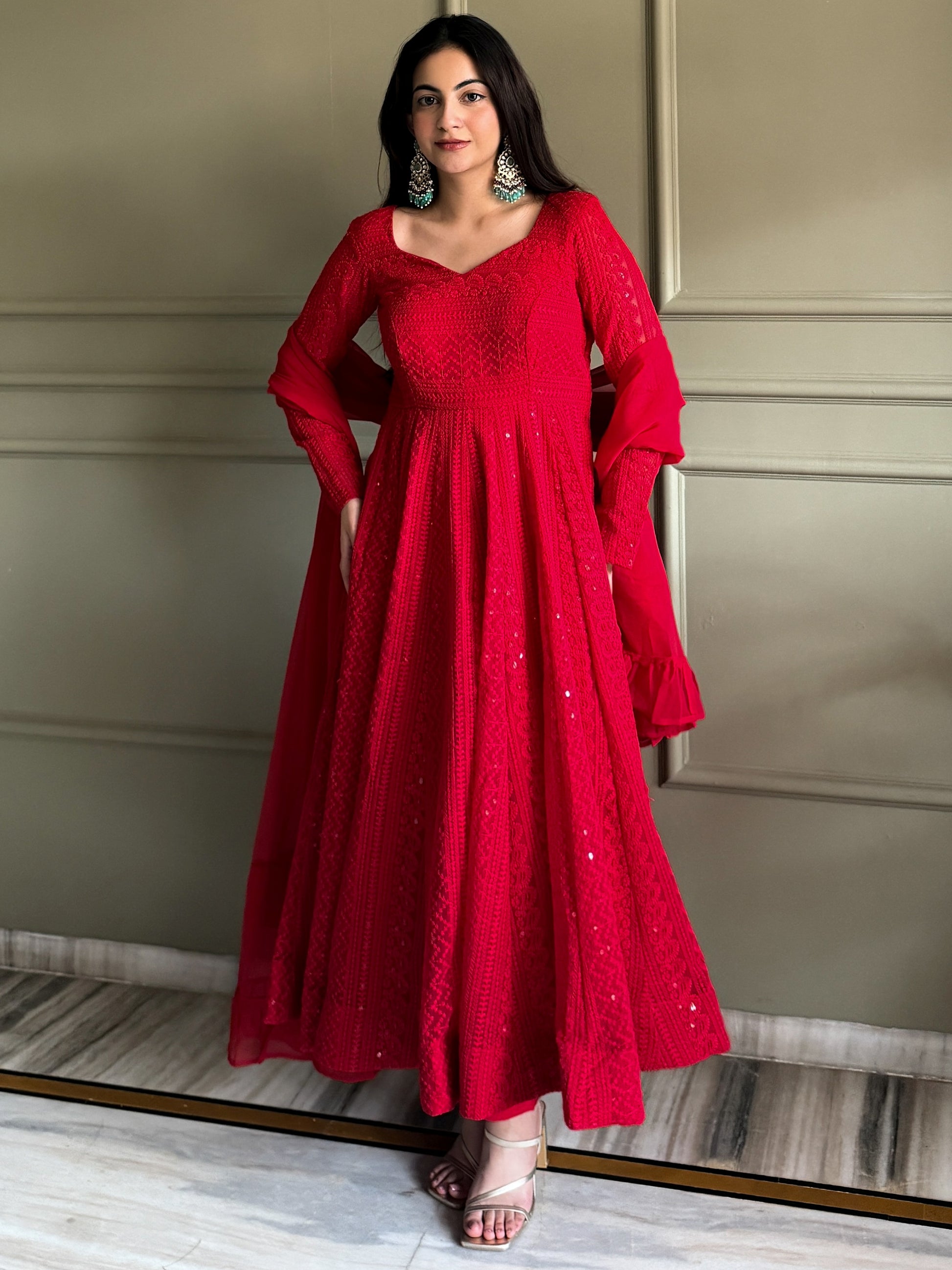 Awesome Red Thread Work Georgette Event Wear Anarkali Pant Suit