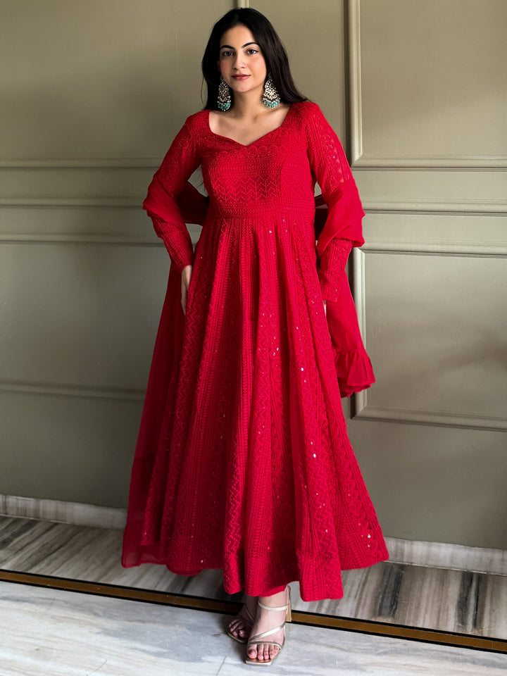 Awesome Red Thread Work Georgette Event Wear Anarkali Pant Suit