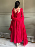 Awesome Red Thread Work Georgette Event Wear Anarkali Pant Suit