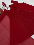 Awesome Red Thread Work Georgette Event Wear Anarkali Pant Suit