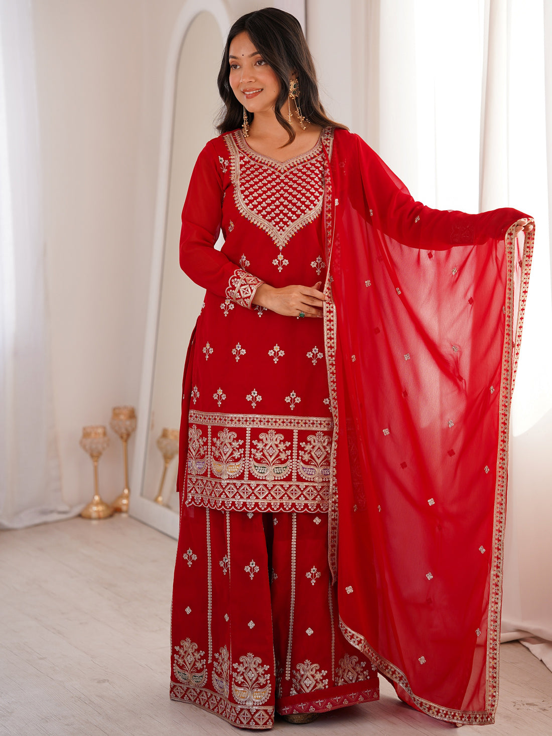 Beautiful Red Dori Embroidered Georgette Wedding Wear Sharara Suit