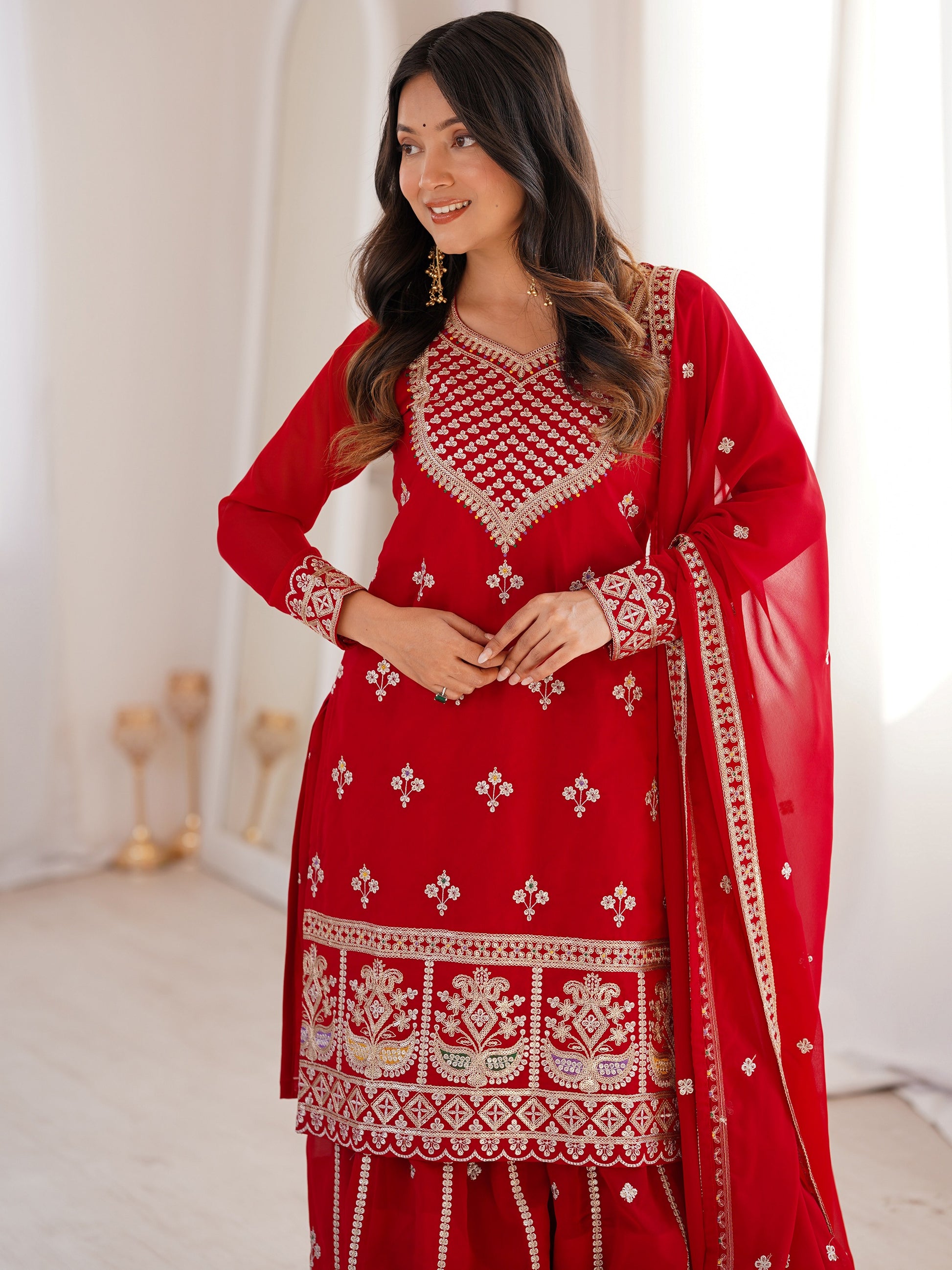 Beautiful Red Dori Embroidered Georgette Wedding Wear Sharara Suit