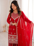Beautiful Red Dori Embroidered Georgette Wedding Wear Sharara Suit
