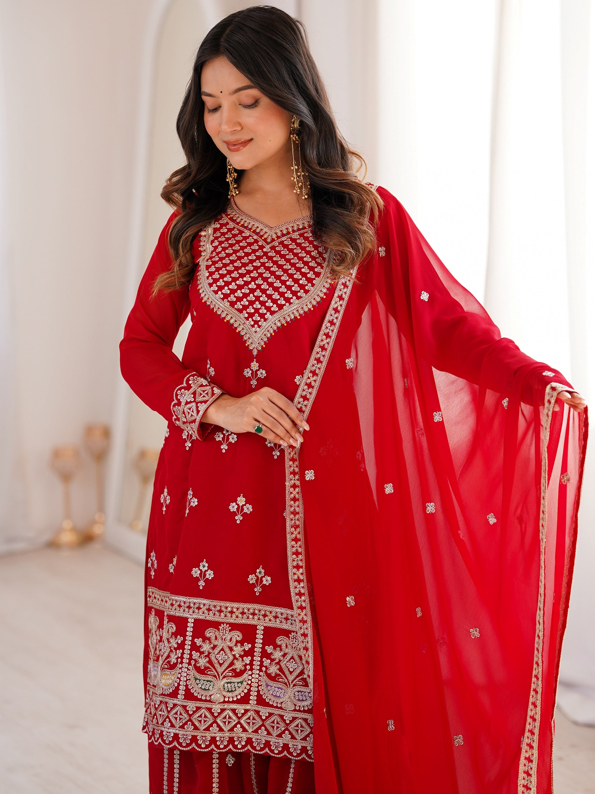 Beautiful Red Dori Embroidered Georgette Wedding Wear Sharara Suit