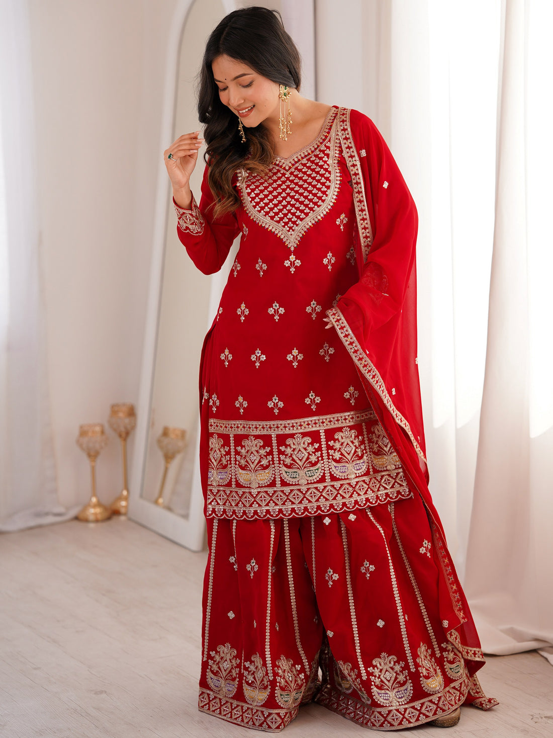 Beautiful Red Dori Embroidered Georgette Wedding Wear Sharara Suit
