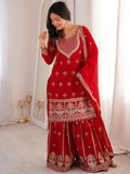Beautiful Red Dori Embroidered Georgette Wedding Wear Sharara Suit