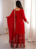 Beautiful Red Dori Embroidered Georgette Wedding Wear Sharara Suit