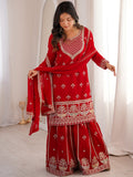 Beautiful Red Dori Embroidered Georgette Wedding Wear Sharara Suit