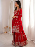 Beautiful Red Dori Embroidered Georgette Wedding Wear Sharara Suit