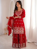 Beautiful Red Dori Embroidered Georgette Wedding Wear Sharara Suit