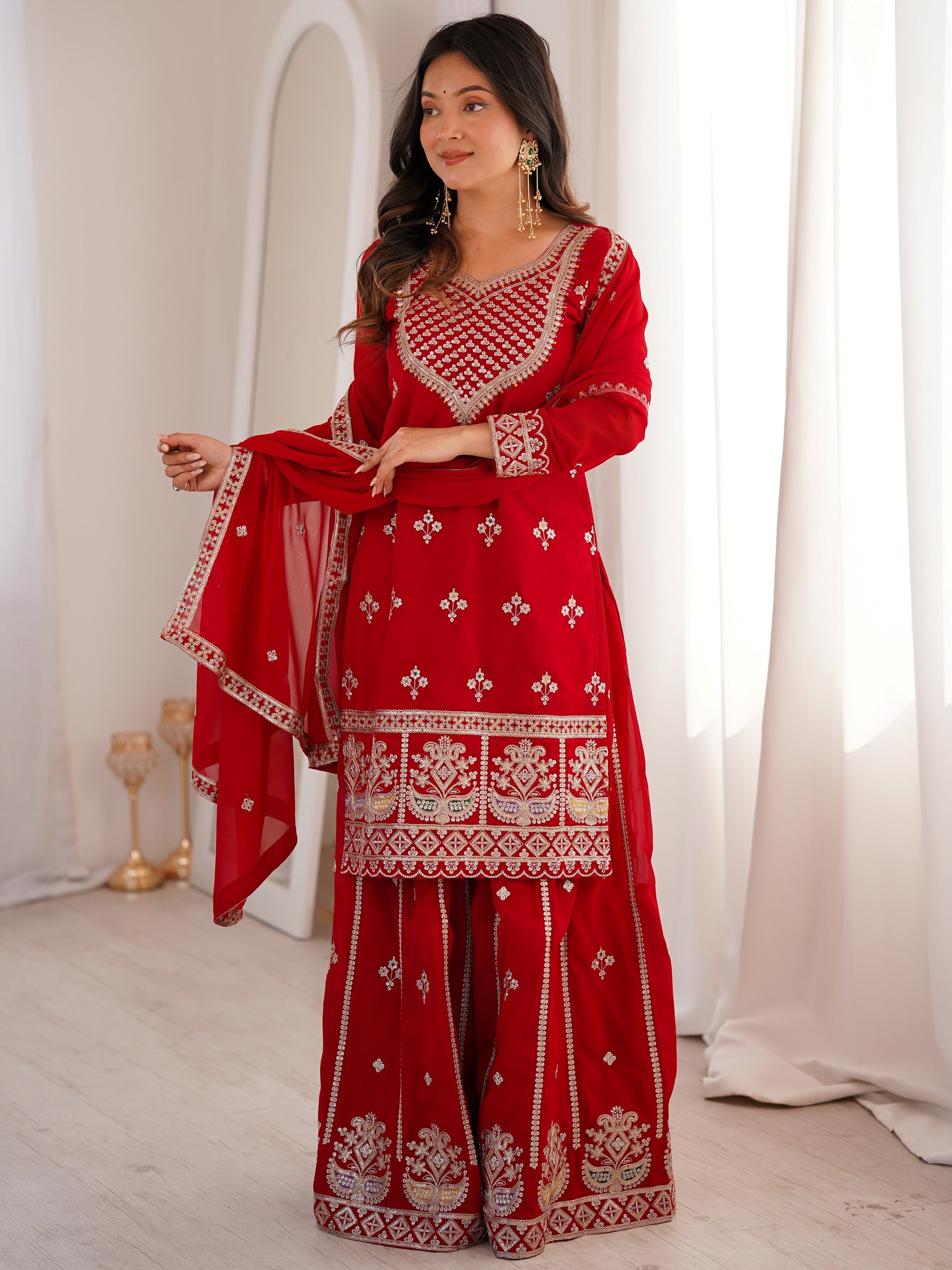Beautiful Red Dori Embroidered Georgette Wedding Wear Sharara Suit