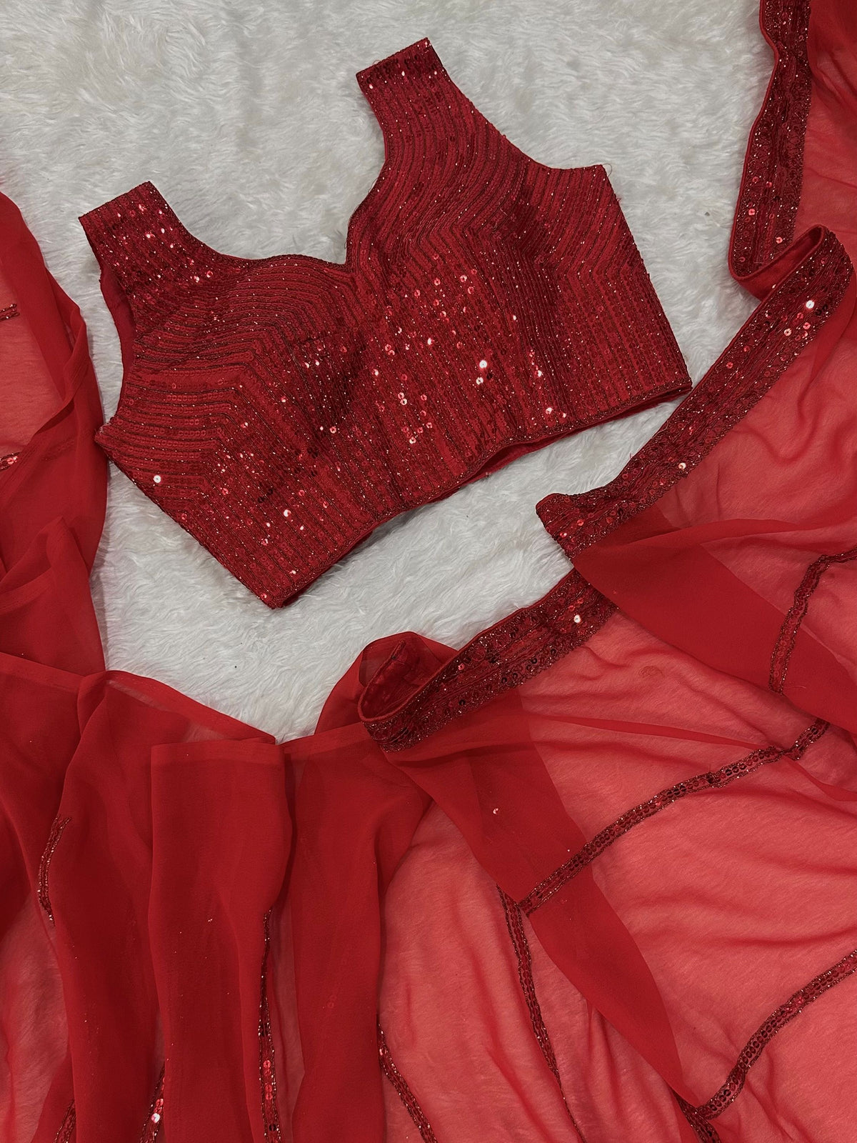 Glamorous Red Sequins Georgette Reception Wear Saree With Blouse