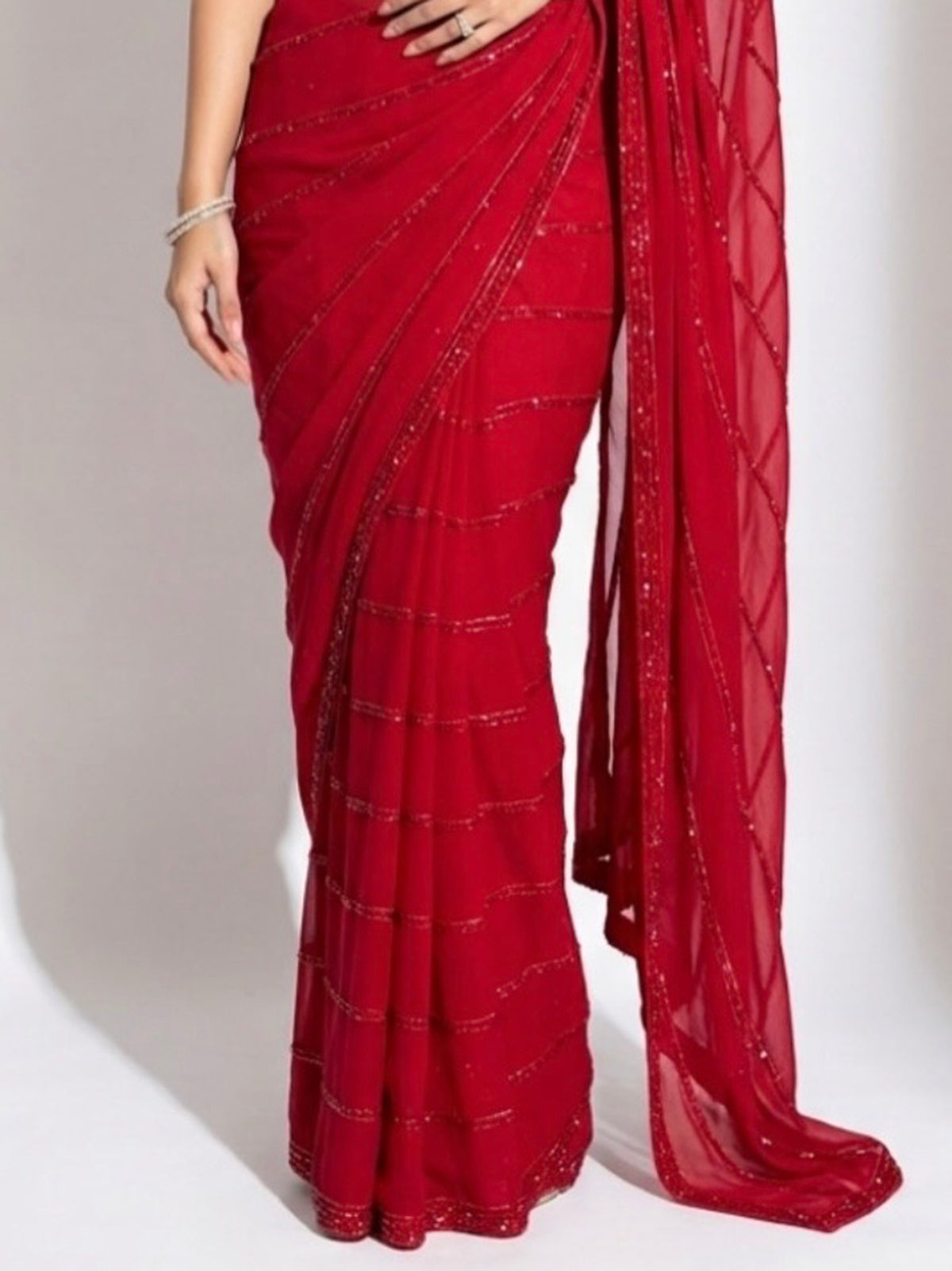 Glamorous Red Sequins Georgette Reception Wear Saree With Blouse